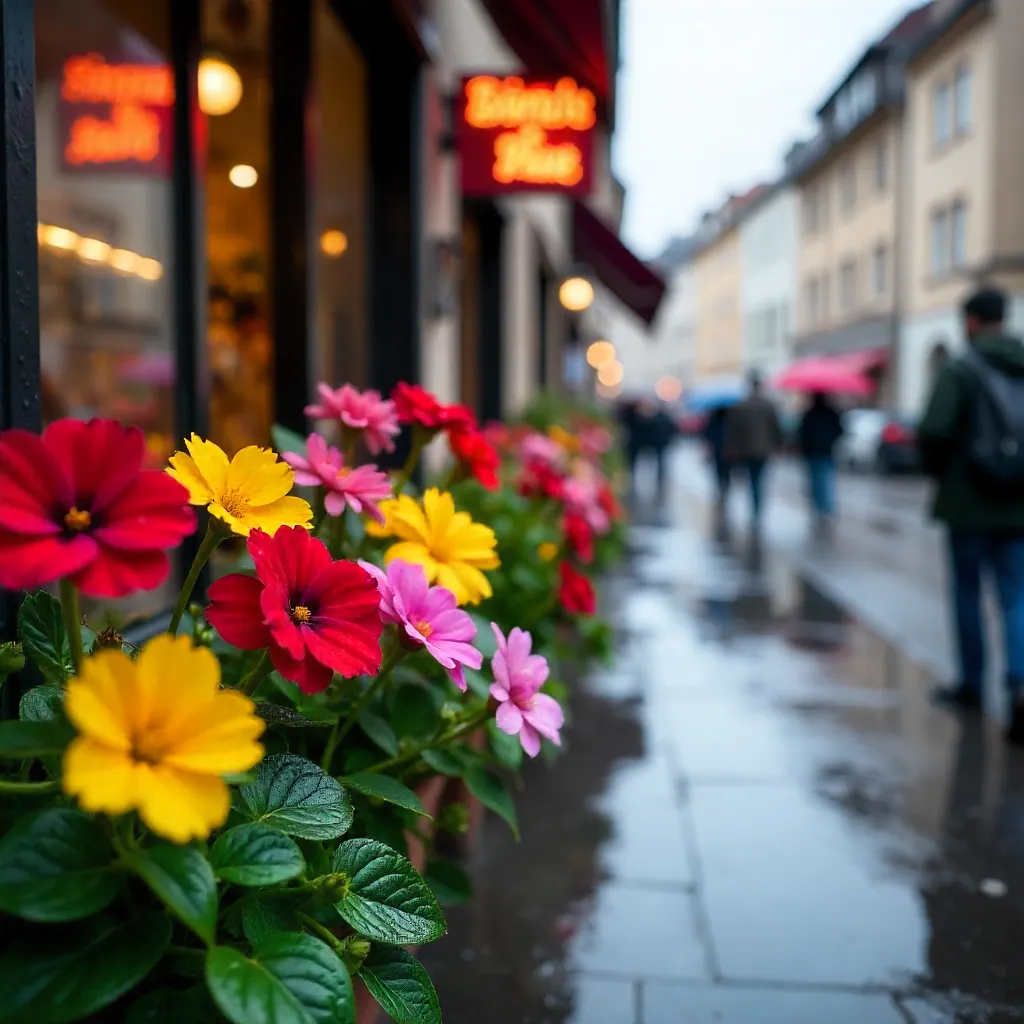 Vibrant Flowers on a Rainy Stuttgart Street