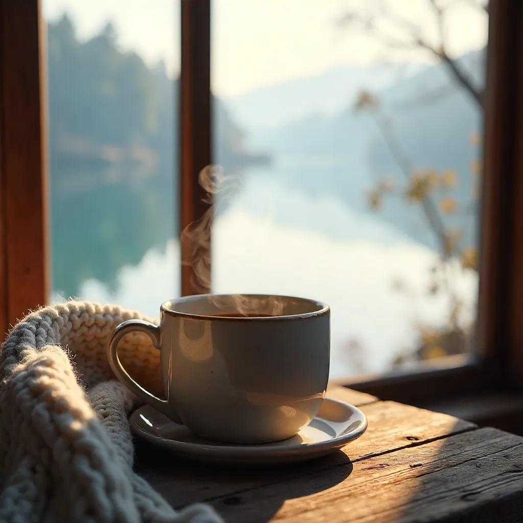Cozy Coffee and Lake View Through the Window