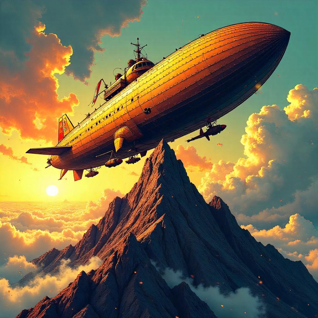 Airship Over a Mountain Peak — Comic Book Style