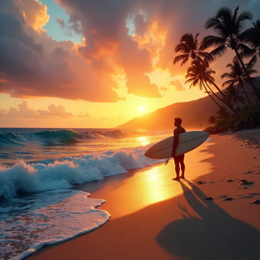 Lone Surfer at Sunset on a Hawaiian Beach