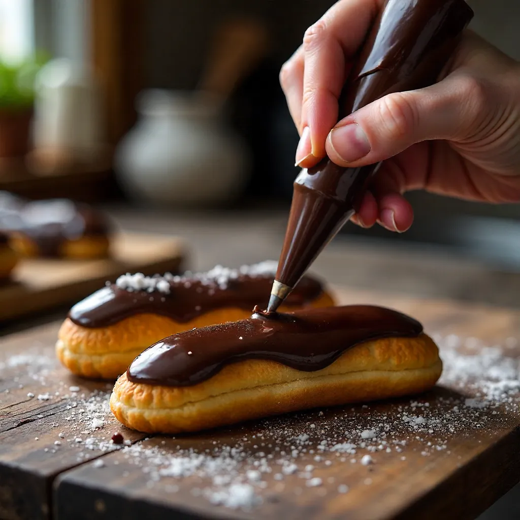 Close-up Hands Frosting Chocolate-Choux Pastries