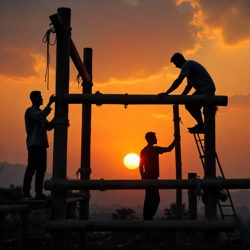 Silhouetted Workers on Bamboo Scaffold at Sunset