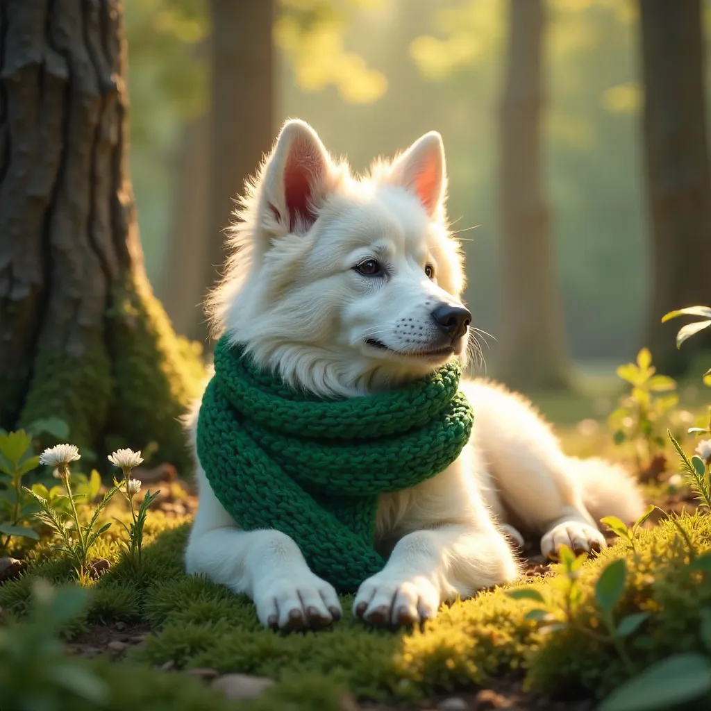 Serene White Dog in a Sunlit Forest Glade