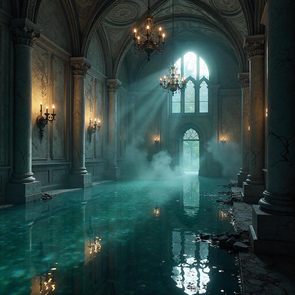 3D Render: Lake Inside a Haunted Mansion Hall