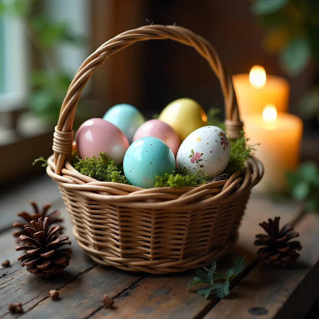 Warm Candlelit Easter Basket with Painted Eggs and Pinecones
