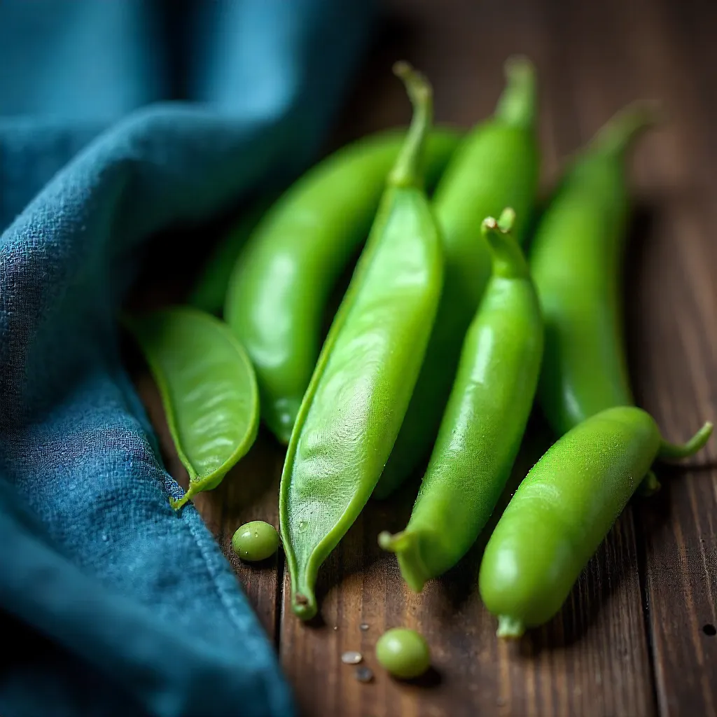 Green Peas on Rustic Wood with Blue Cloth