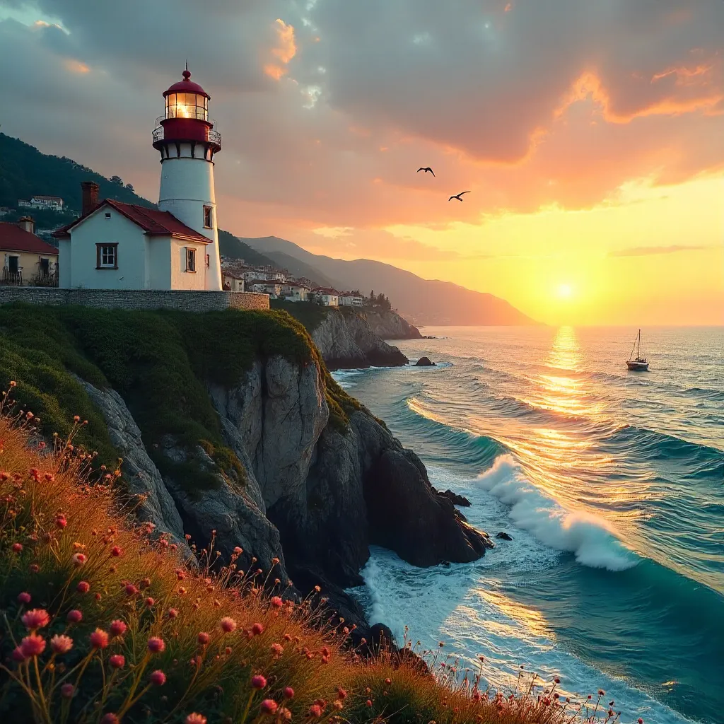 Sunset Lighthouse Over Mediterranean Seascape