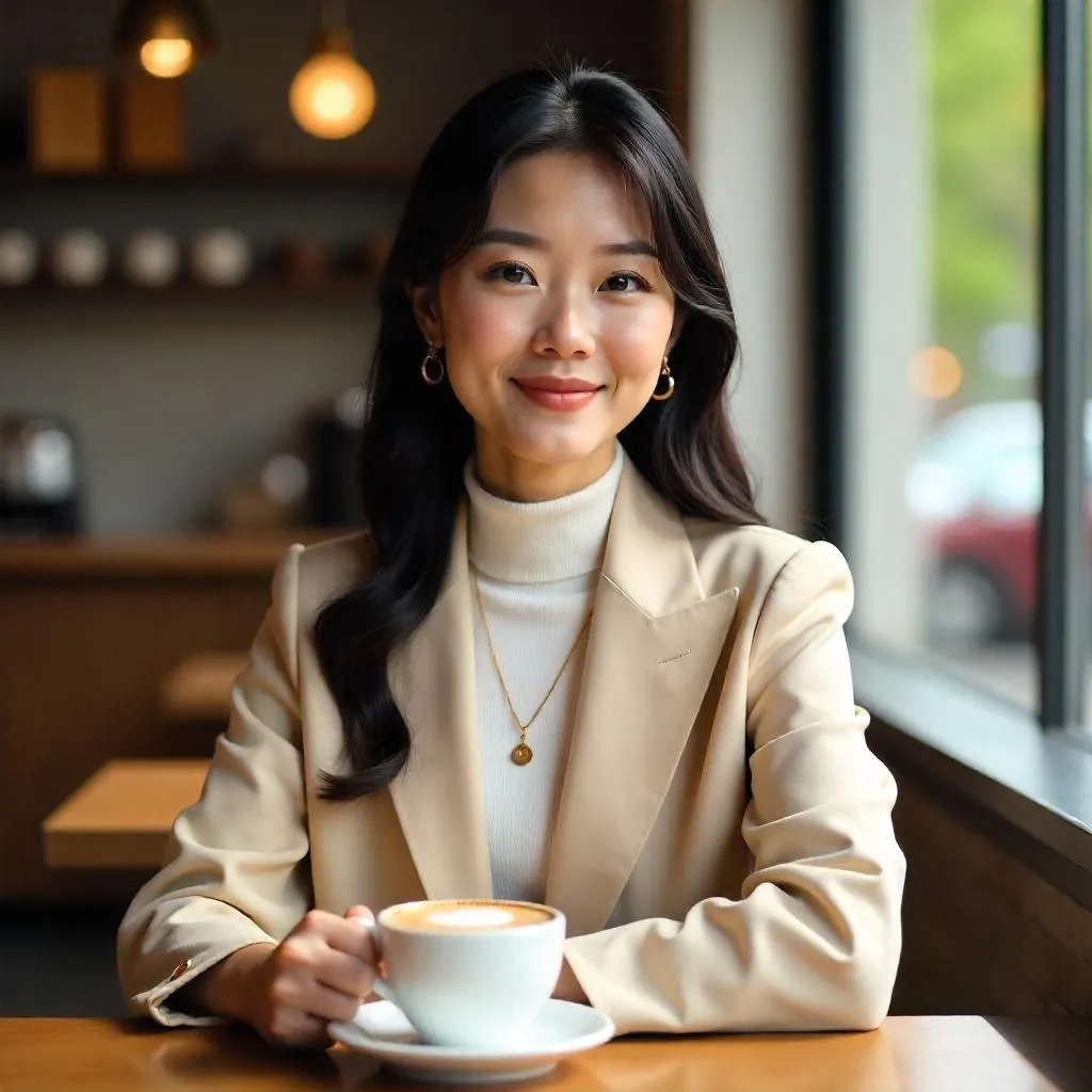 Stylish Asian Woman in a Cozy Coffee Shop