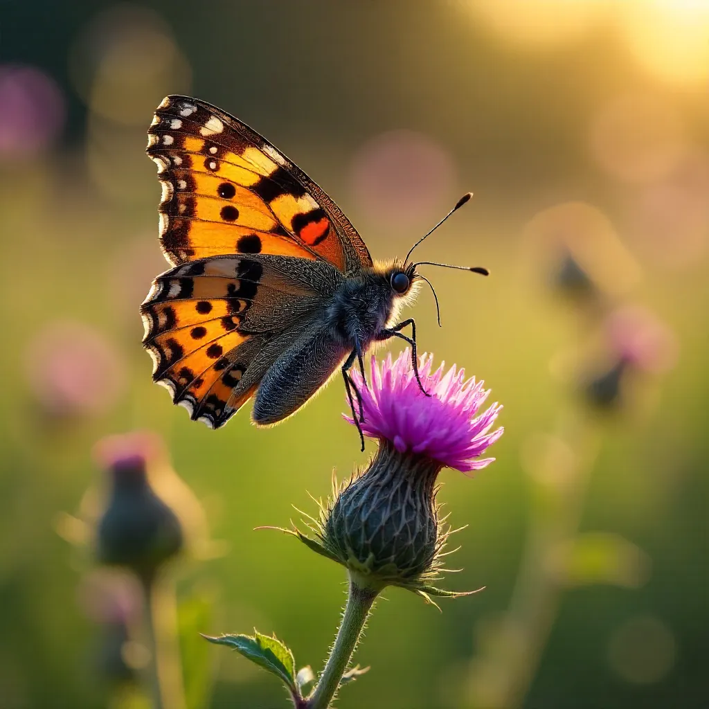 Painted Lady on Thistle: Vibrant Wing Patterns