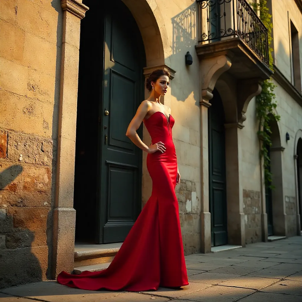 Red Dress Before a Timeless Facade