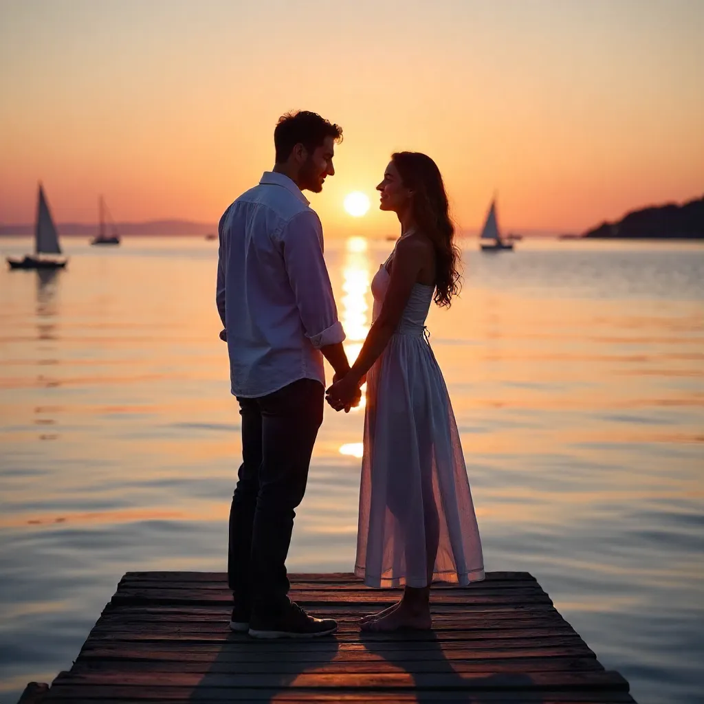 Holding Hands by the Tranquil Waterfront at Sunset