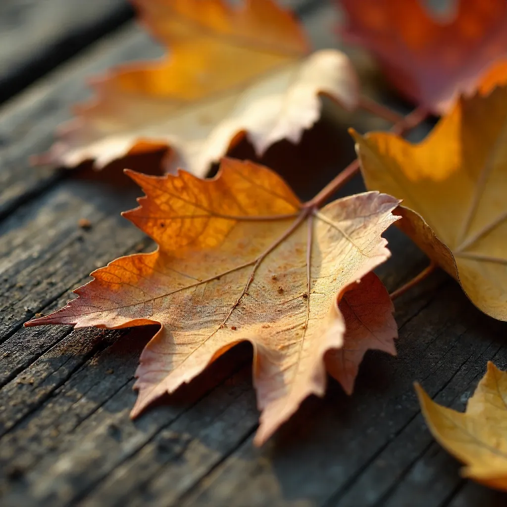Macro Shot of Dried Autumn Leaves: Earthy Textures and Warm Tones