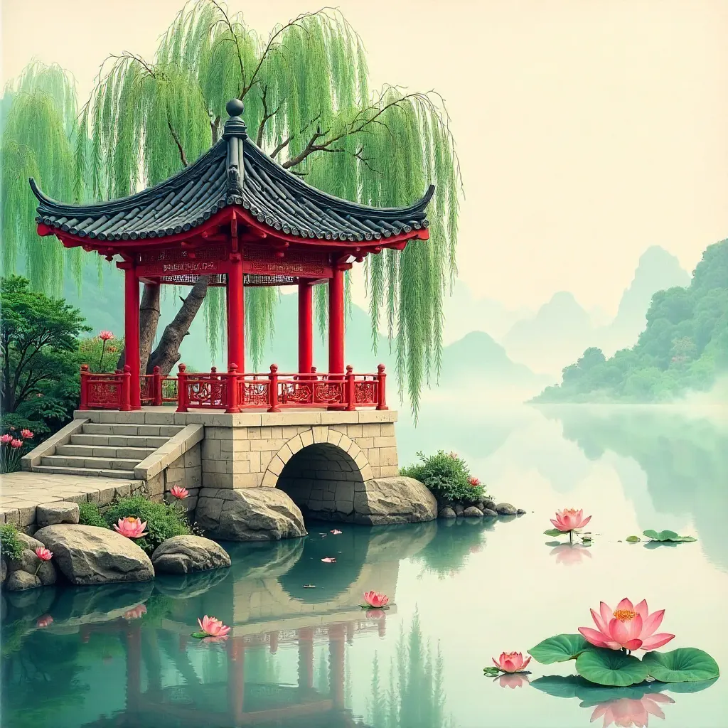 Serene Pavilion by Lotus-Pond in Willow Garden