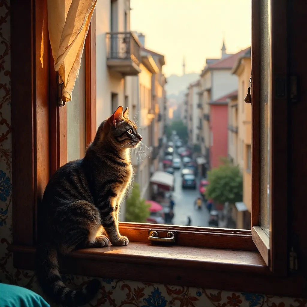 Curious Cat Peering from an Istanbul Window