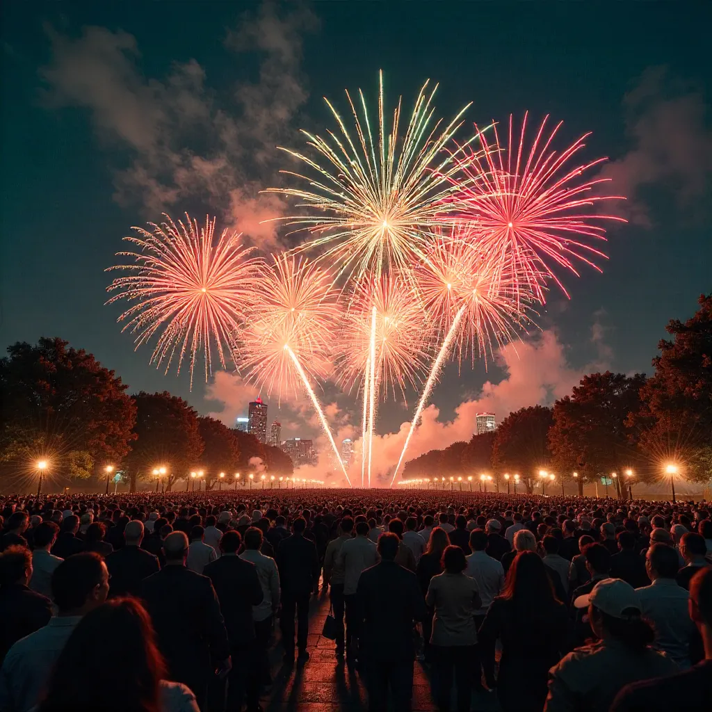 Massive Night Crowd Celebrates Vibrant Fireworks