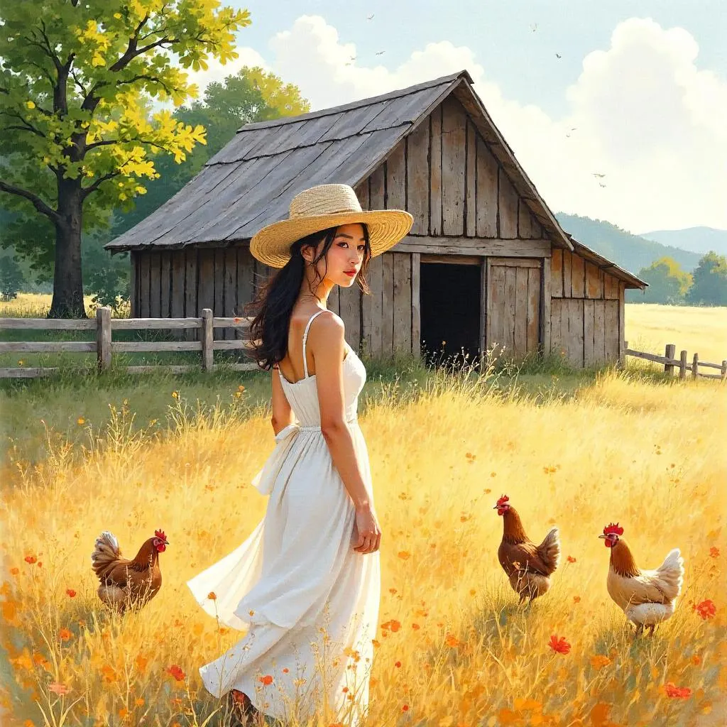 Watercolor Portrait of a Beautiful Asian Woman on a Farm