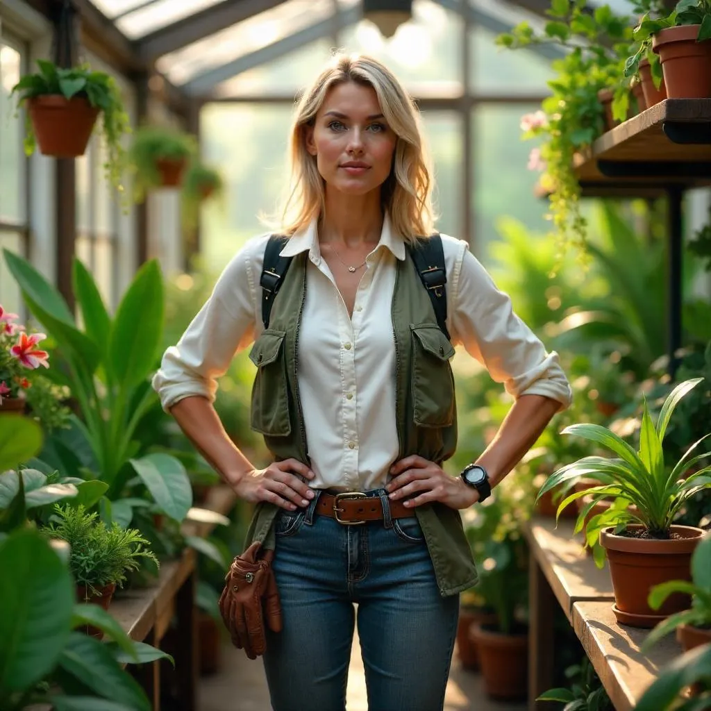 Confident White Woman in a Lush Greenhouse