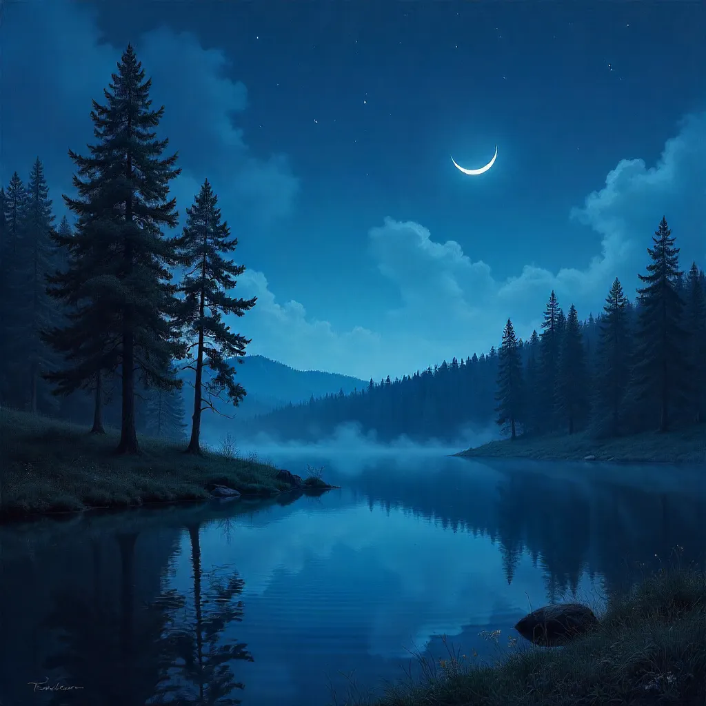 Crescent Moon Over a Serene Blue Night Forest