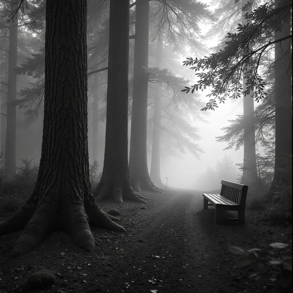 Monochrome Forest: Lone Bench in Dawn Silence