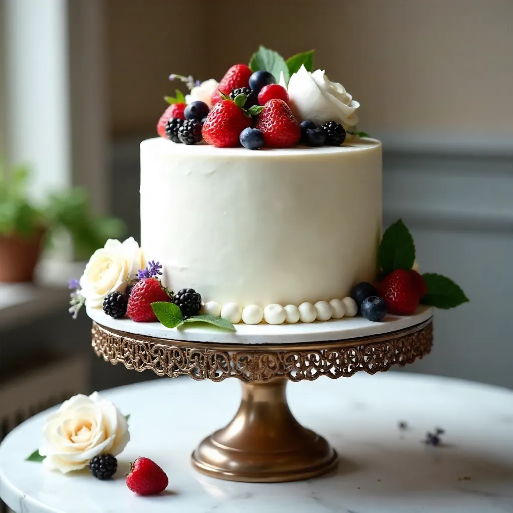 Elegant White Cake on a Decorative Stand with Fresh Berries
