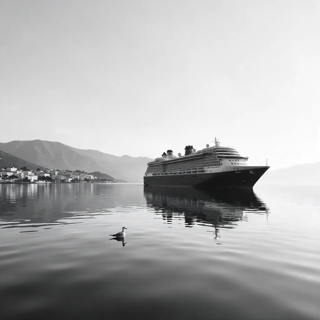 Serene Black-and-White Cruise Ship at Kuşadası