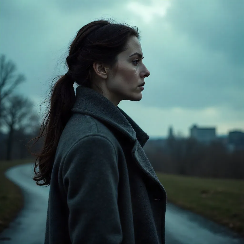 Pensive Side Profile in a Cloudy Outdoor Scene