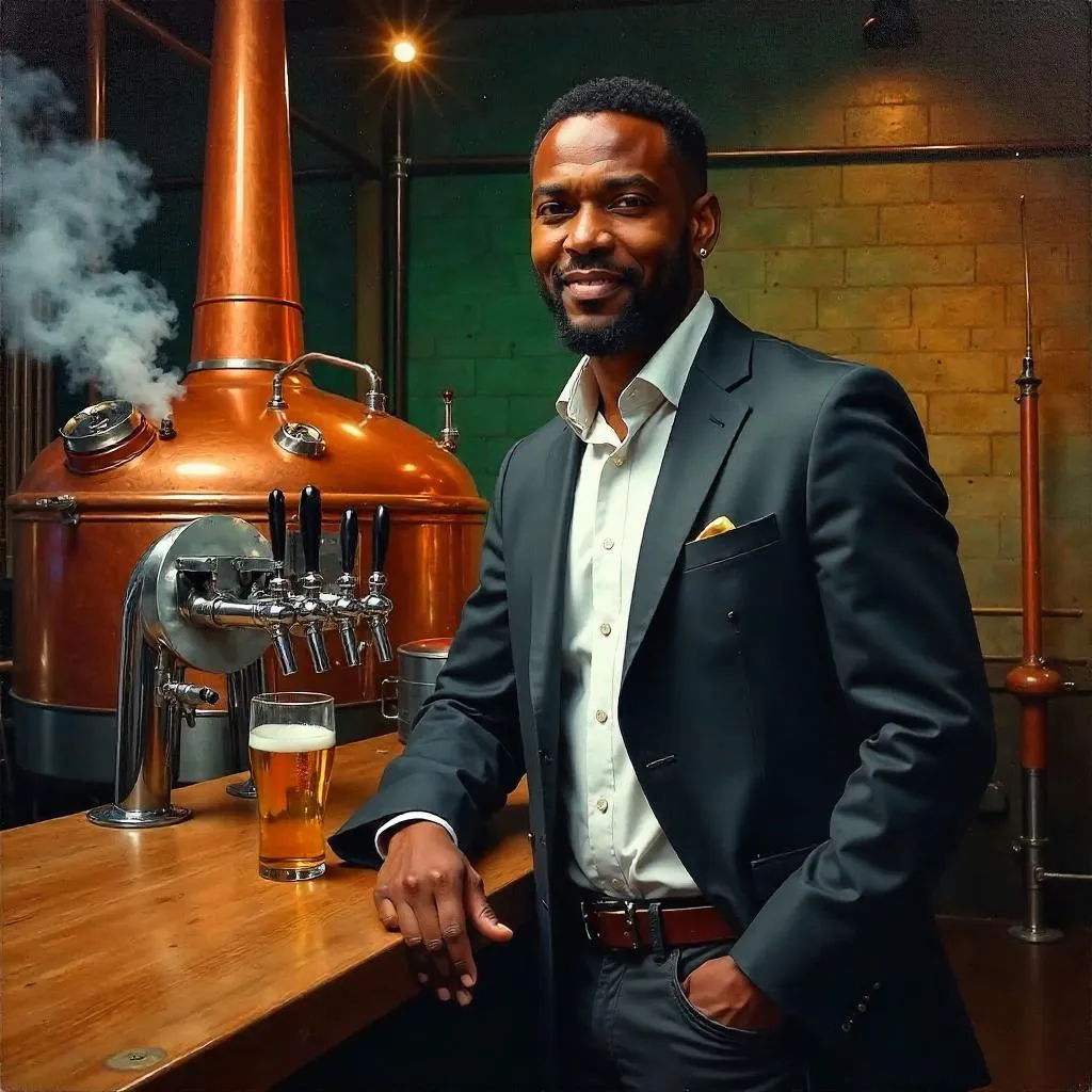Confident Black Man in an Oil Painting at a Brewery