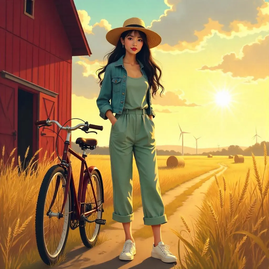 Stylish Asian Girl on a Golden Farm