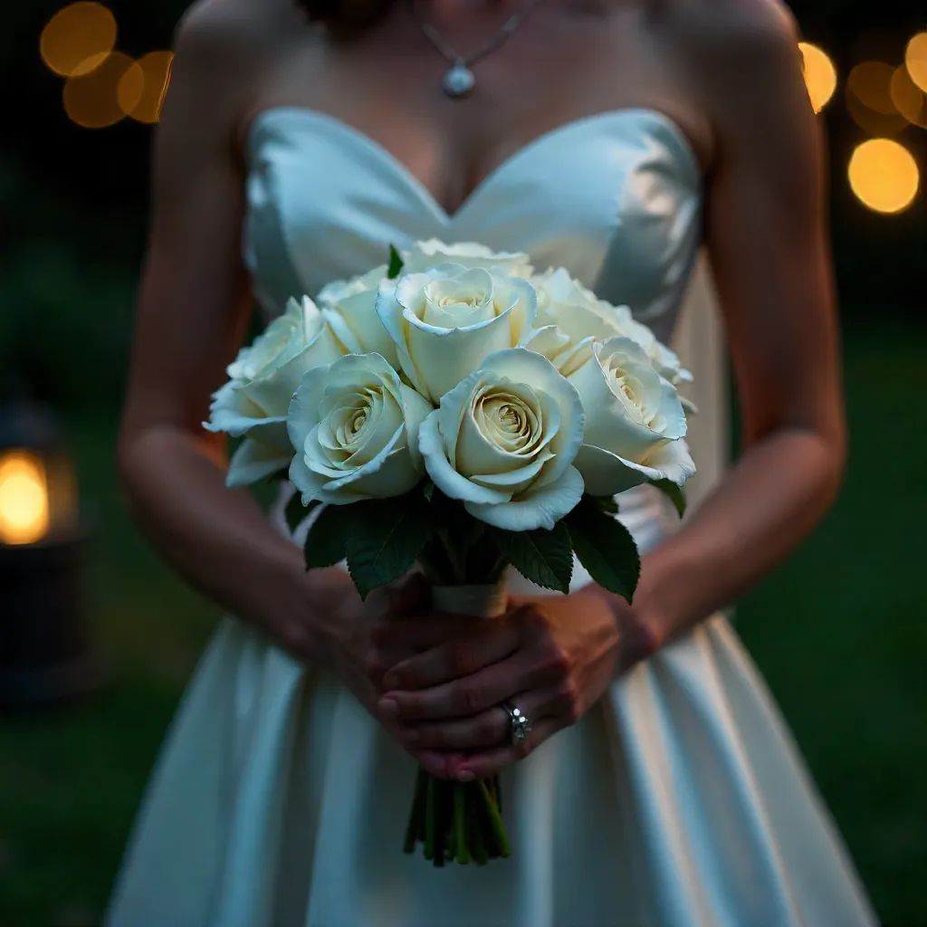 Midnight Bride in Satin Dress with White Bouquet