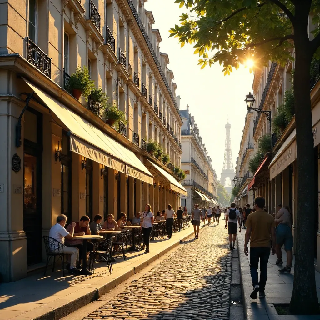 Parisian Haussmann Street: Historic Facades and Café Life
