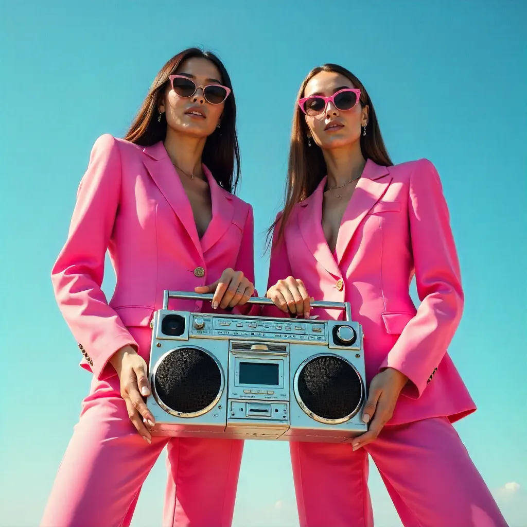 Two Pink-Suited Women with Boombox in Blue Sky
