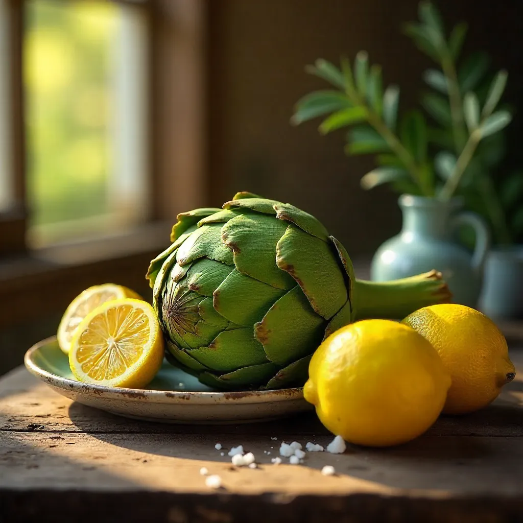 Mediterranean Artichokes and Lemons on Rustic Table