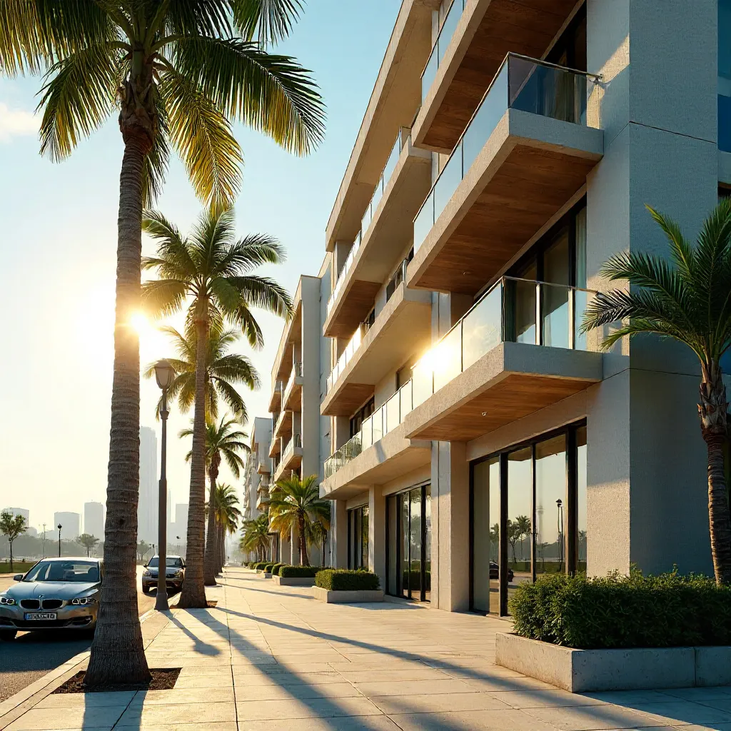 Sunlit Modern Apartment Building with Palm Trees