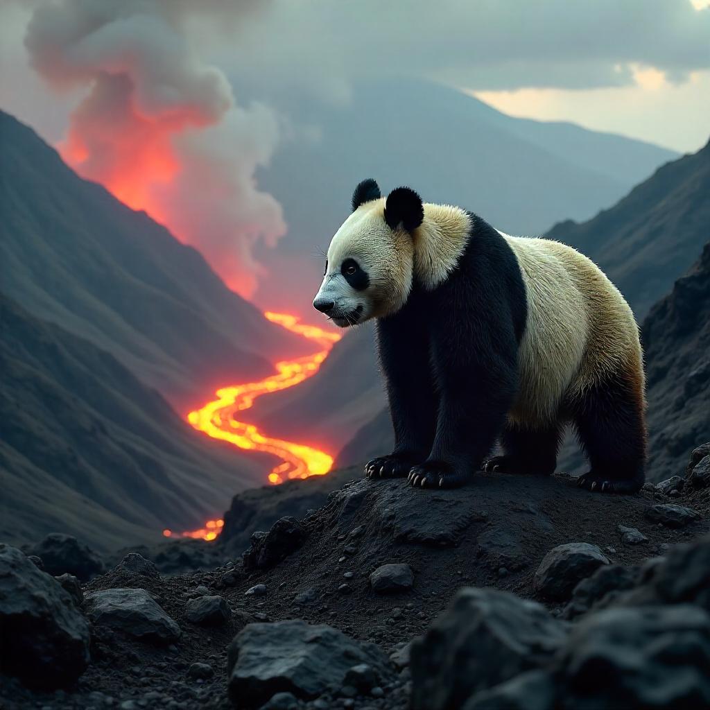 Photoreal Panda in a Fiery Volcanic Landscape