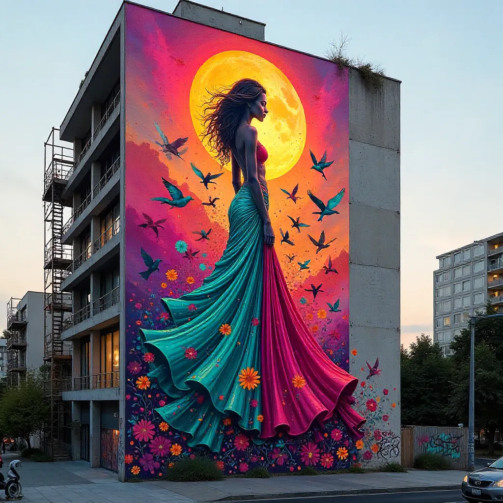 Vivid Woman and Birds Mural on Modern Building