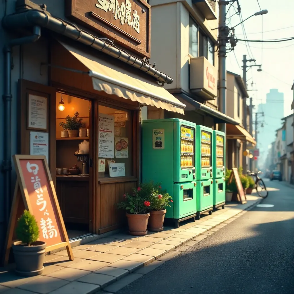 Sunlit Japanese Café with Street Vending Machines