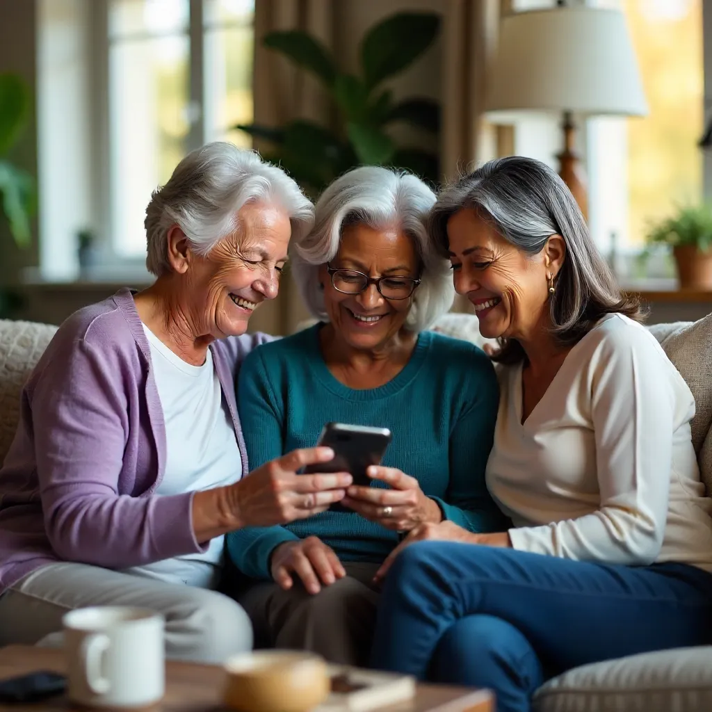 Three senior women sharing smiles indoors