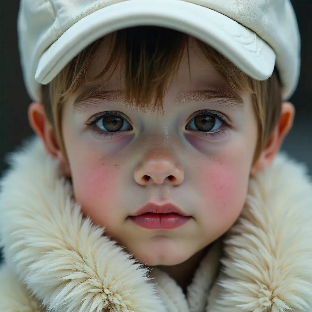 Close-Up Portrait: Boy in White Cap and Faux Fur Coat
