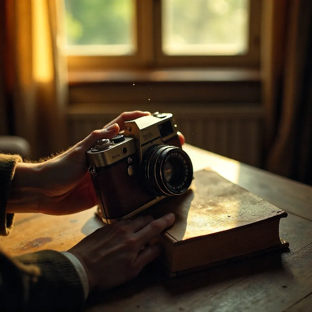 Close-up Nostalgia: Hands with Camera and Book
