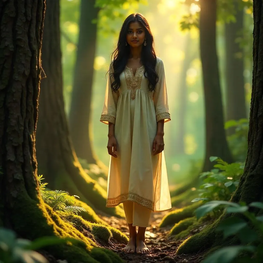 Sunlit Forest Portrait of a Young Indian Woman