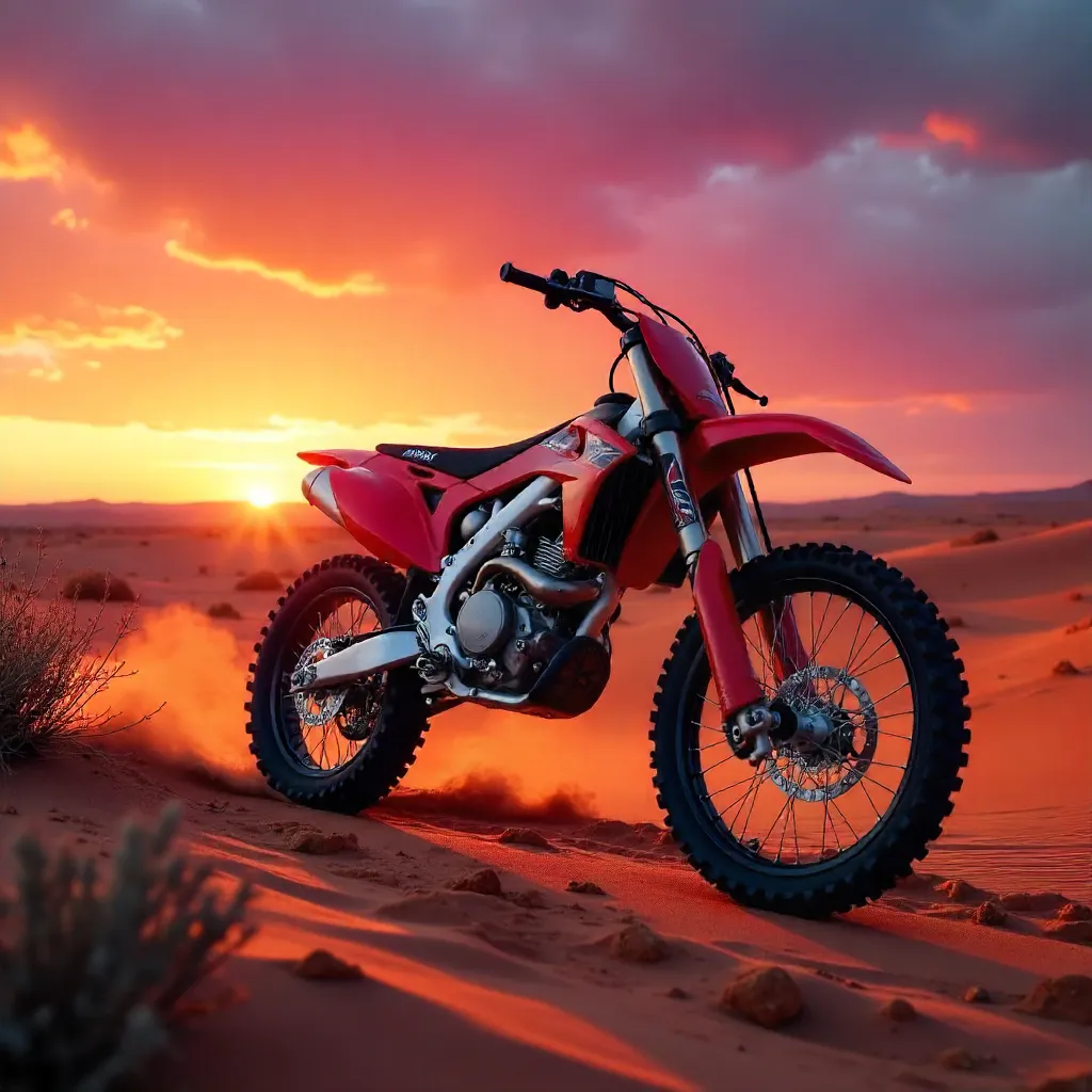 Vibrant Dirt Bike on Red Desert at Sunset