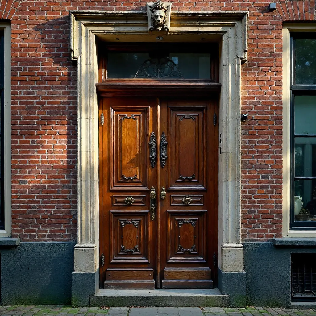 Intricate Amsterdam Door on Historic Brick Facade