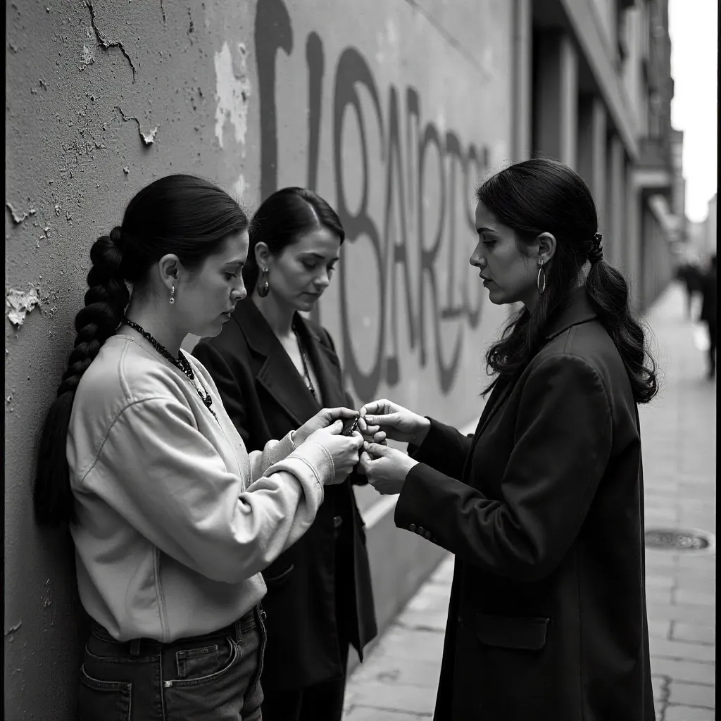 Three Women Braiding Hair on a Street Wall in Black & White