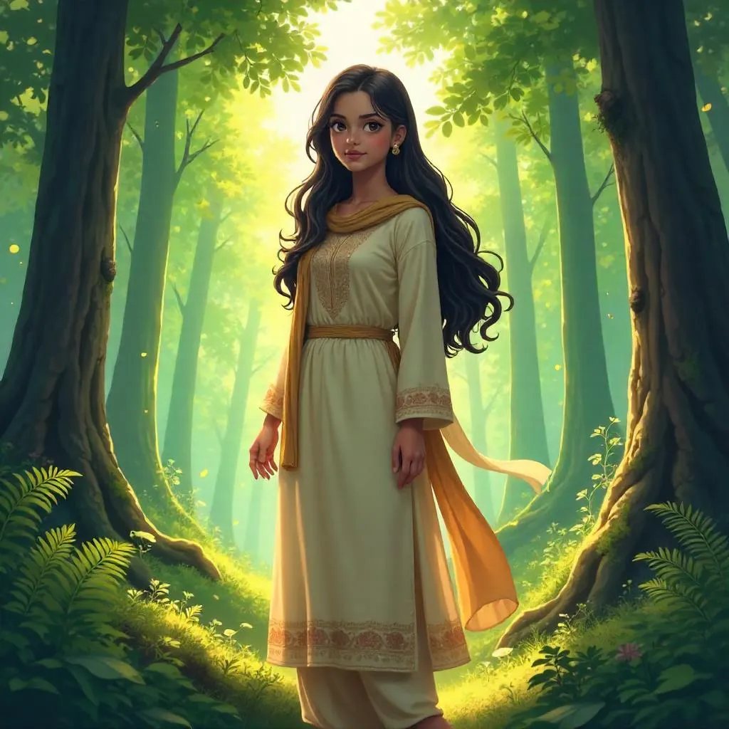 Anime Forest Portrait: Indian Woman in Sunlit Woods