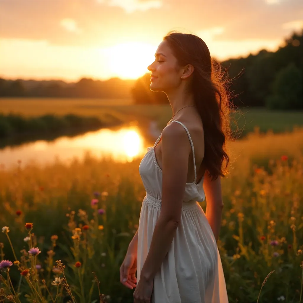 Sunset Serenity: Woman in a Quiet Meadow