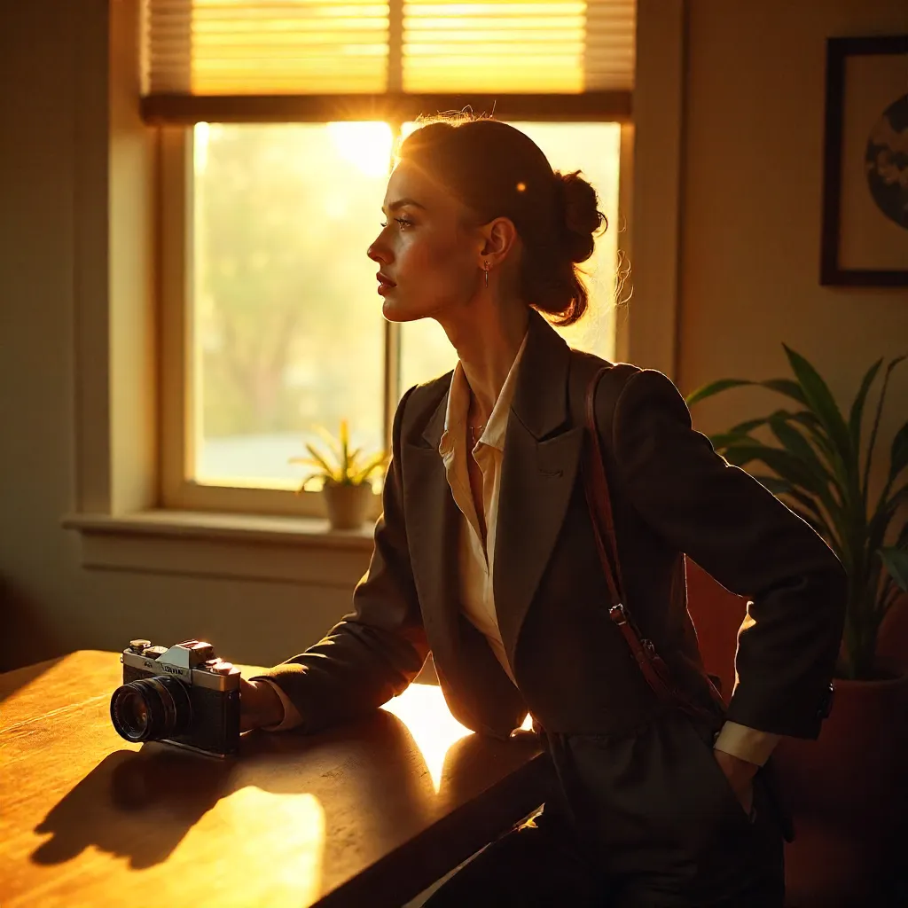 Golden Hour Portrait: Stylish Indoor Scene with Vintage Camera