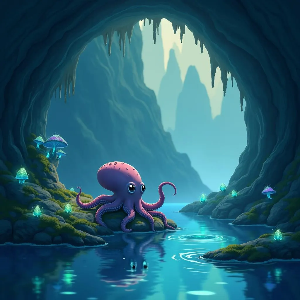 Anime Octopus in a Mountain Cave