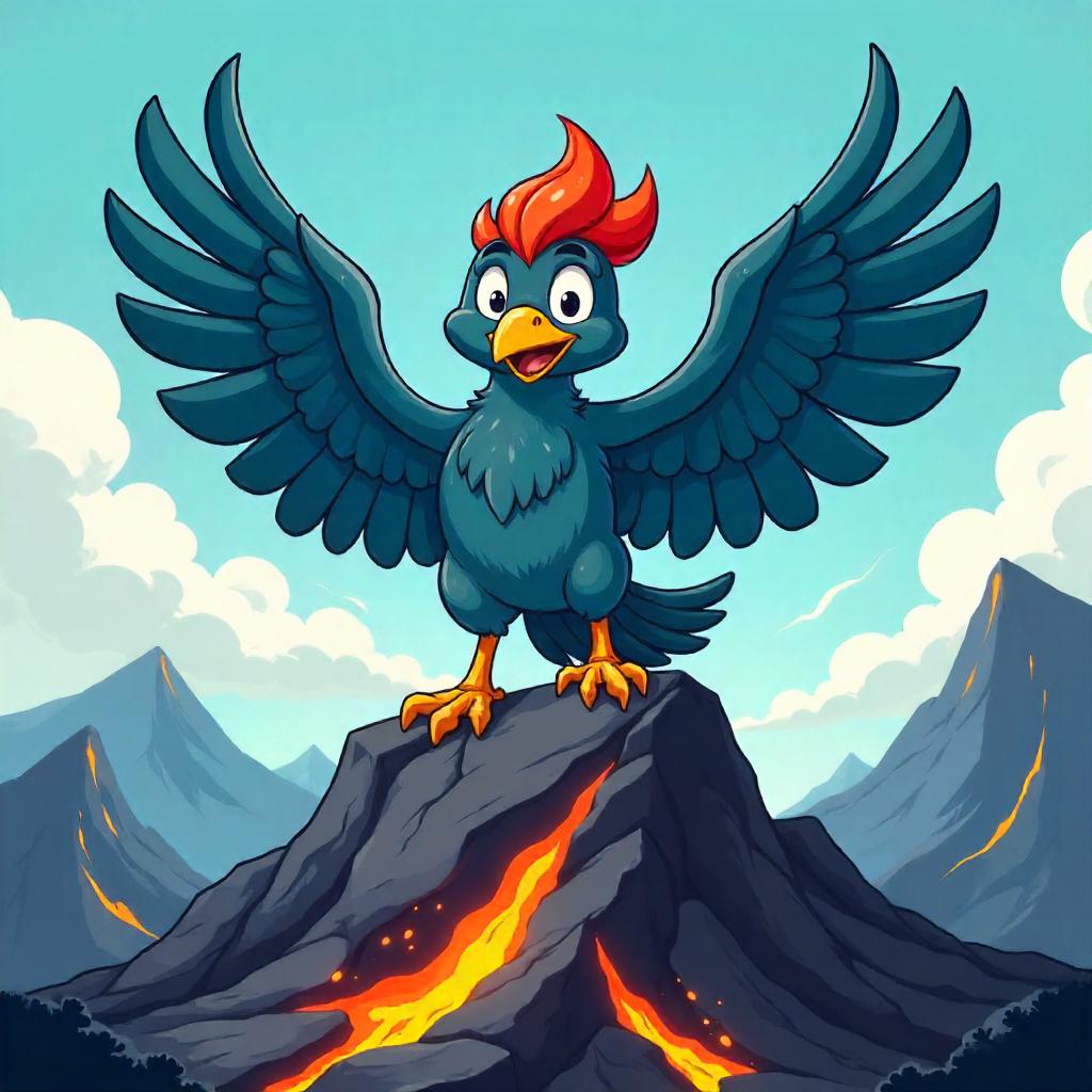 Cartoon Thunderbird on Volcanic Rocks