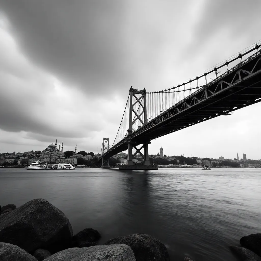 Monochrome Bosphorus Bridge: Istanbul's Urban Silhouette