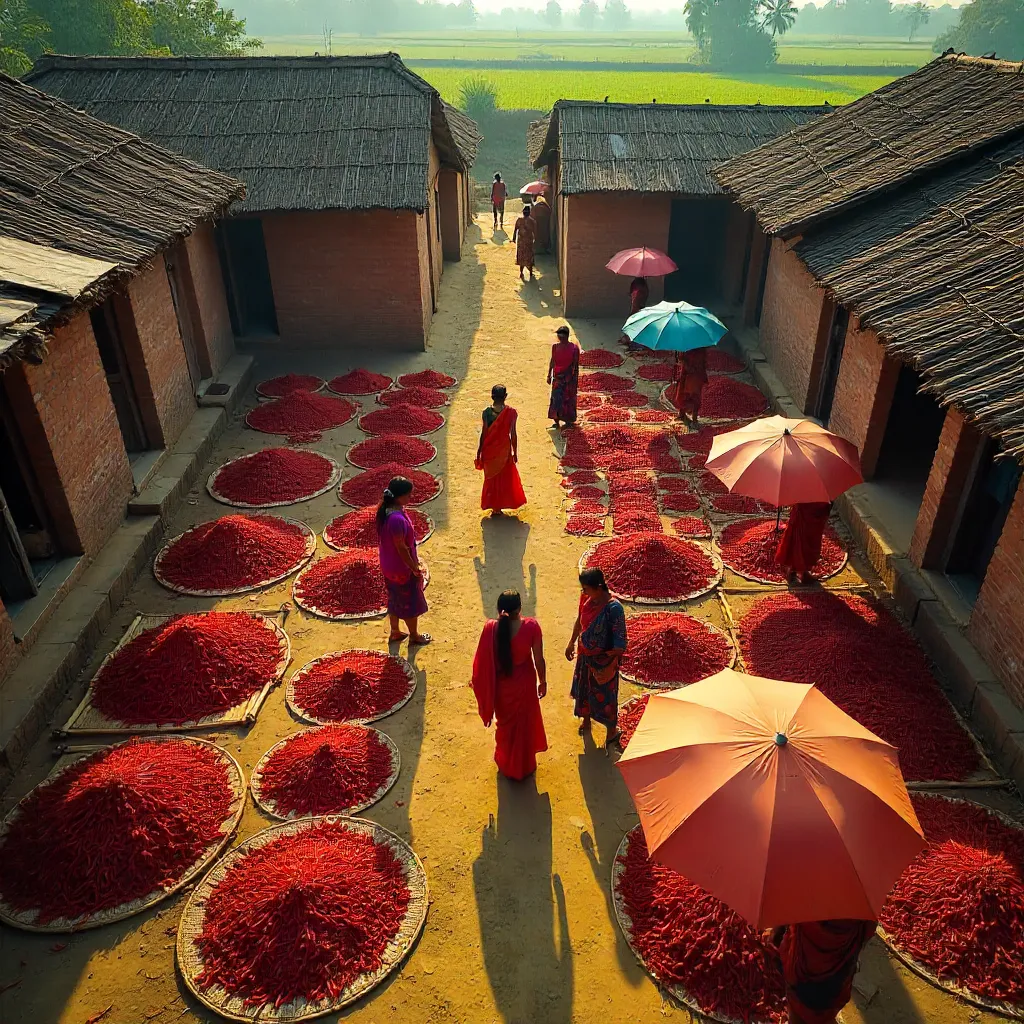 Aerial West Bengal Umbrellas Over Chili Drying